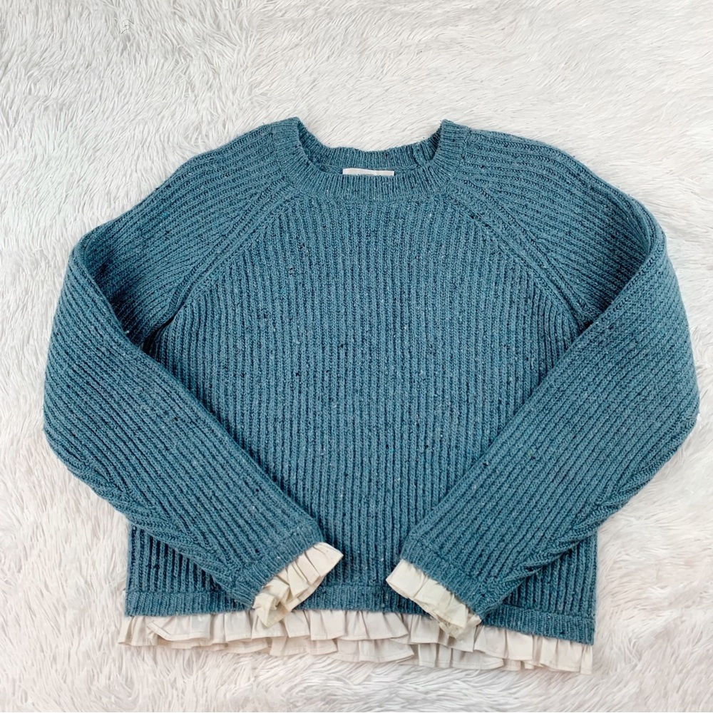Milly long sleeve crew neck ruffle ribbed knit wool blend pullover sweater blue‎